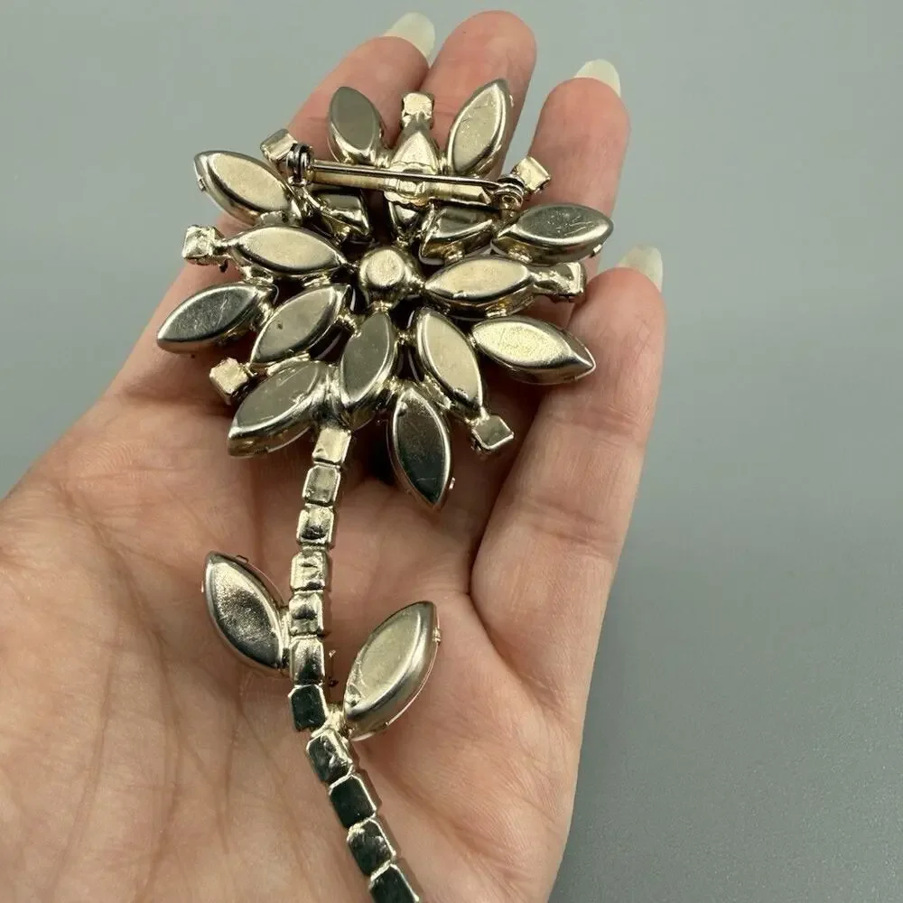 Vintage White Milk Glass Rhinestone Flower Brooch Pink AB Blue Floral Stem Pin